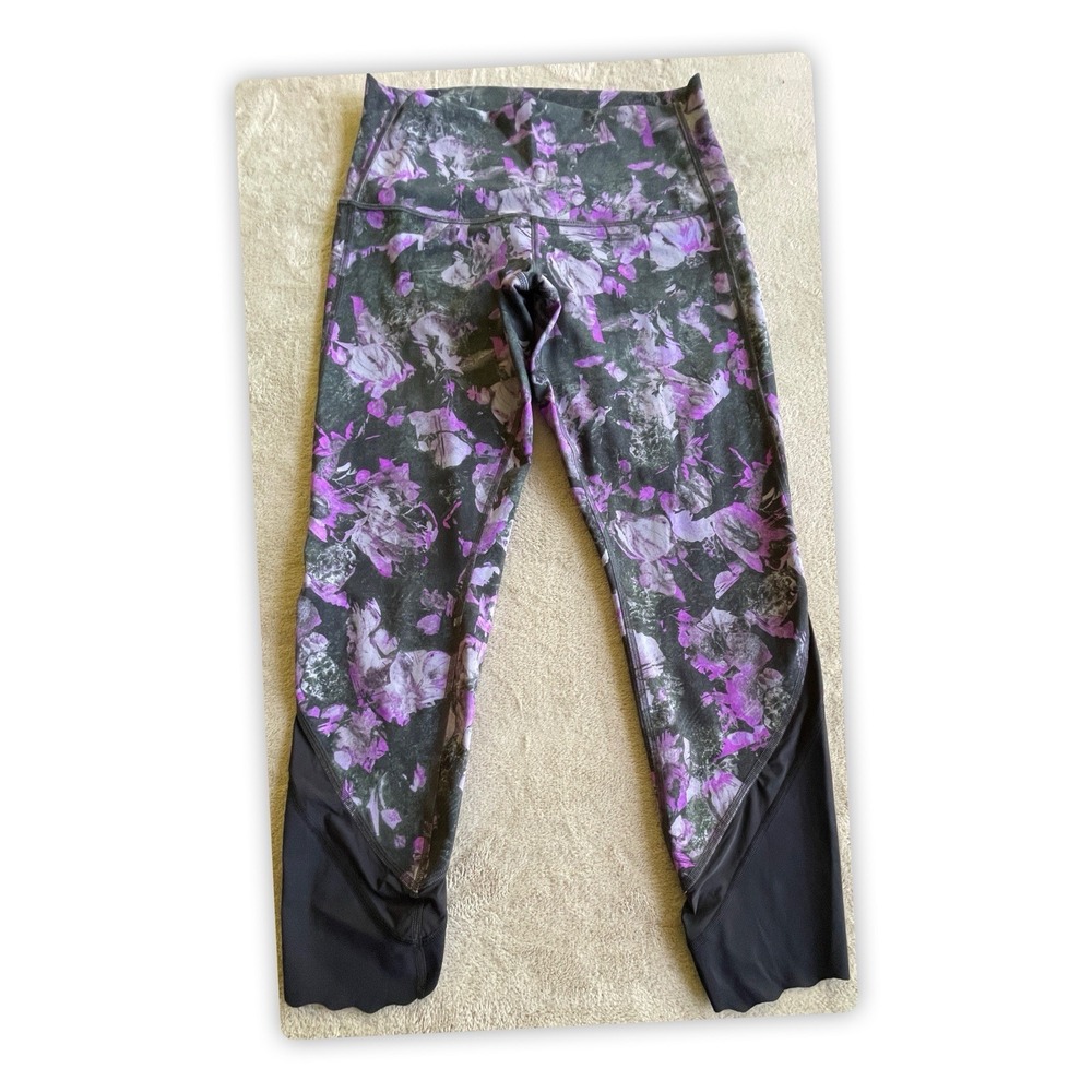 Lululemon Floral Crop Leggings Womens Size 8 Purple Black Yoga Pants